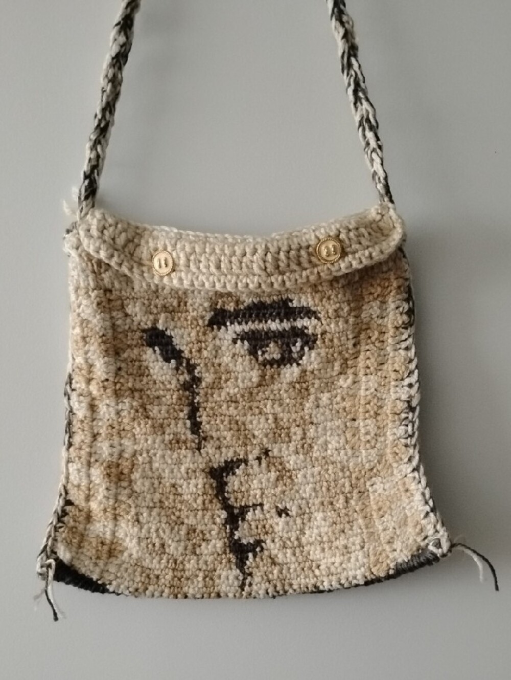 Handmade Beige Crochet Shoulder Bag with Face Motif